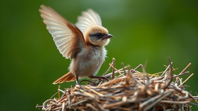 A young fledgling bird attempting its first flight from the nest, soft natural light.