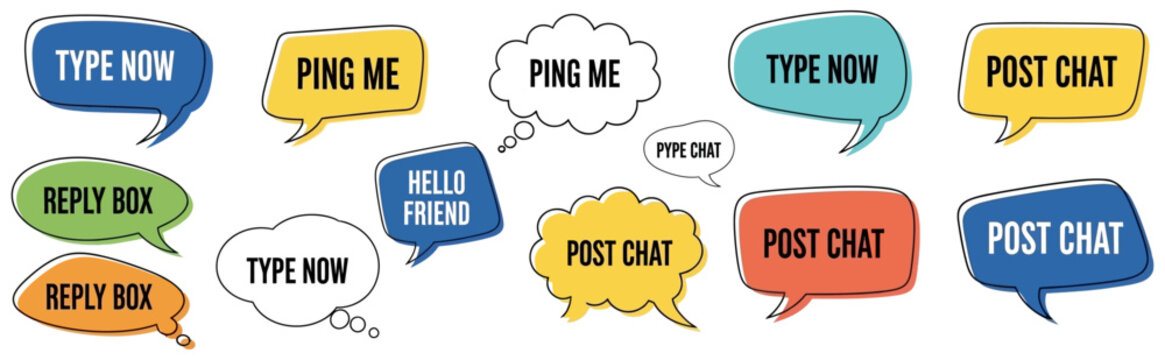 Digital communication bubbles with text phrases type now ping me post chat
