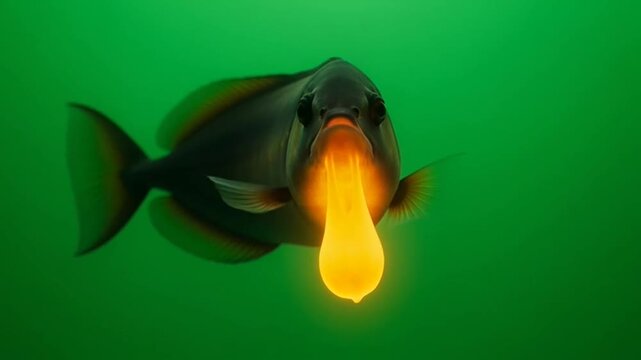 Cardinalfish spitting glowing bioluminescent ostracods in green water.