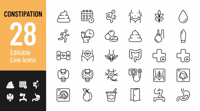 Constipation and Digestive Health Line Editable Icons set. Vector illustration in modern thin line style of medical icons: stool, bloating, fiber, laxative, enema, stomach, intestines, treatment.