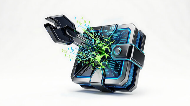 Futuristic robotic hand interacting with digital circuit and binary data stream transparent background