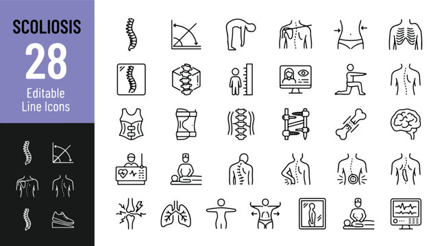 Scoliosis and Spine Health Line Editable Icons Set. Vector illustration in modern thin line style of orthopedic medical icons: vertebral column, back posture, brace, x-ray, surgery, chiropractor