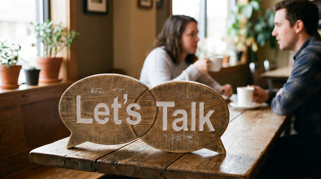 Wooden speech bubbles with let's talk text on a rustic table in a cafe, a couple talking in the background