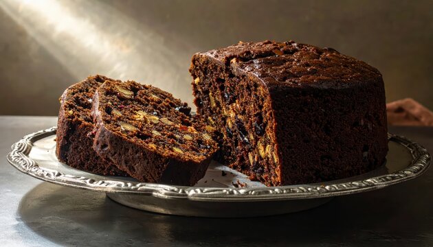 A dense, dark fruitcake with visible crust, prepared for slicing on a silver platter