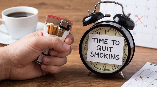 Hand holding a pack of cigarettes with a lighter, an alarm clock displaying time to quit smoking, and a calendar marking a quit date