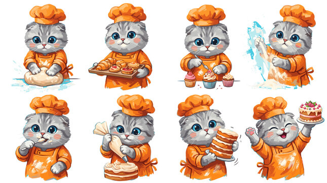 Adorable Scottish Fold kitten dressed as a baker, engaged in various baking activities, from kneading dough to decorating a cake.