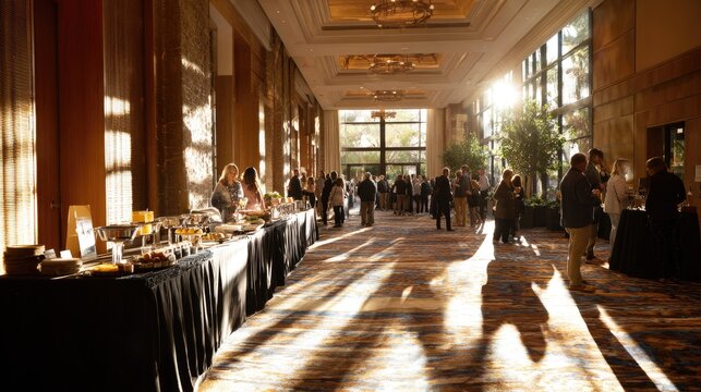 Elegant hallway with buffet, sunlit windows, and gathering of people
