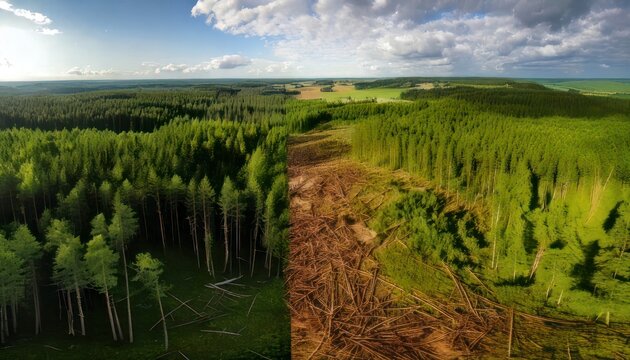 Deforestation contrast - Lush forest meets barren land, a stark environmental divide.