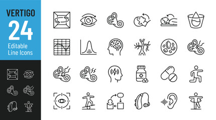 Vertigo and Balance Disorder Line Editable Icons set. Vector illustration in modern thin line style of medical vestibular system icons: dizziness diagnosis, inner ear health, epley maneuver, pills © Jason