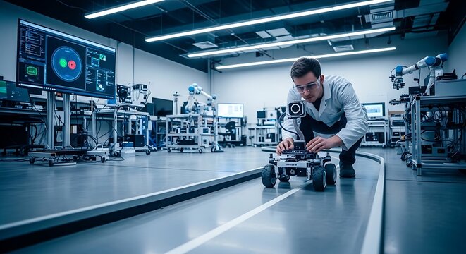 A male engineer in a lab coat adjusting a small autonomous robot on a test track in a modern research and development laboratory with multiple screens displaying data.
