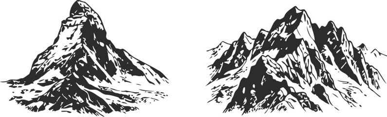 Rugged mountain peaks rendered in a classic engraving style with dramatic contrast for adventure and exploration themes © Mahi Fattah