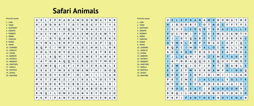 Safari animals word search on yellow background