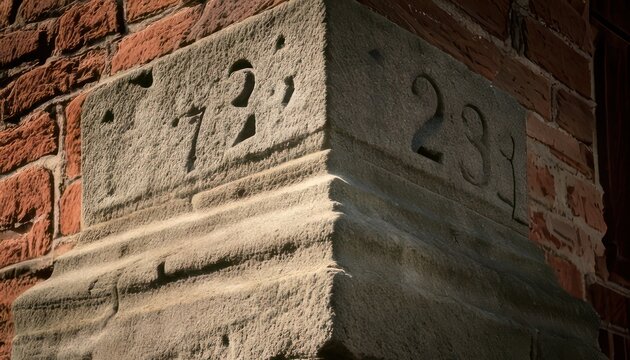 Cornerstone with carved numbers on a brick building.