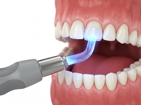 Dental Curing Light Procedure Hardening Composite Resin on Front Teeth