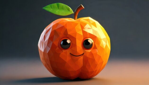 Cute Low Poly Orange with a Smiling Face and Leaf.