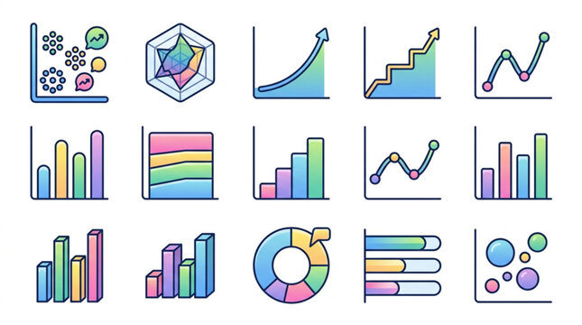 Collection of colorful business charts and graphs icons.