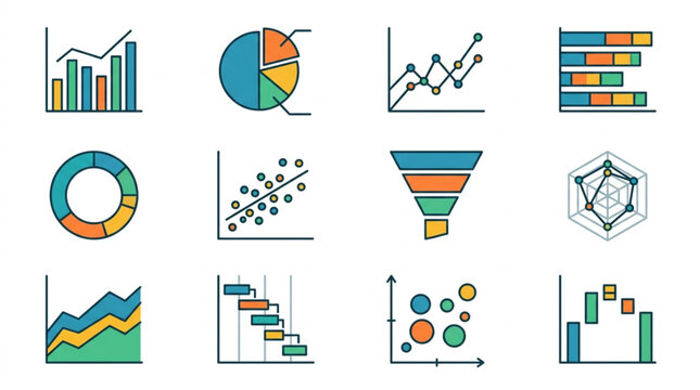 Collection of colorful business data charts and graphs icons.