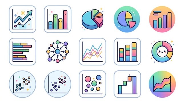 Collection of colorful business data charts and graphs icons.