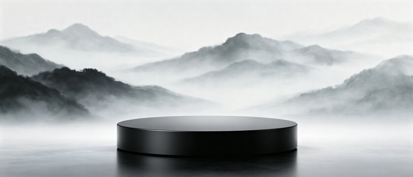 Misty Mountain Pedestal: An empty black pedestal sits in the foreground, shrouded by ethereal mist swirling around majestic, silhouetted mountains in the background.