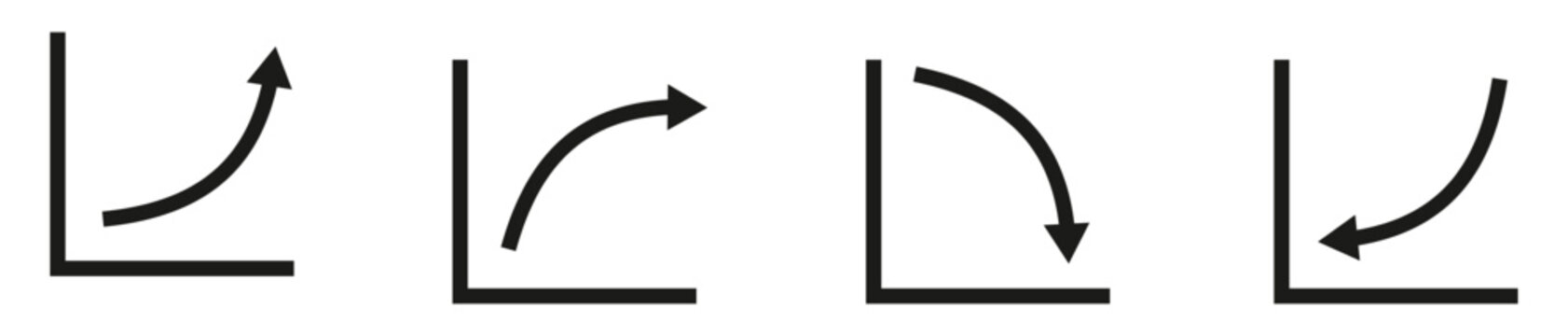 A collection of simple black line graphs featuring curved arrows demonstrating various financial and business trends like growth and decline