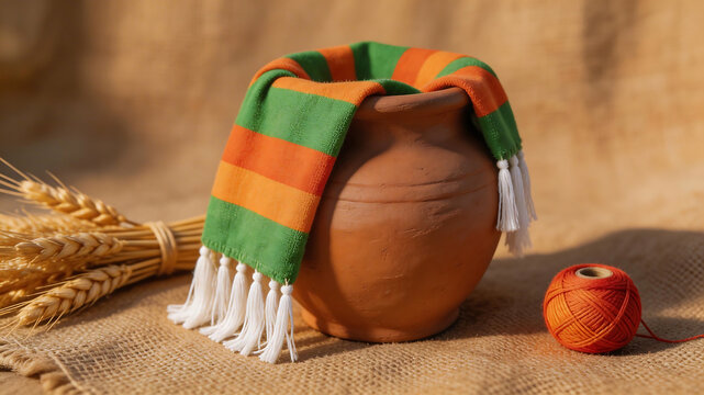 Clay pot with striped cloth and wheat ideal for sleek commercial backgrounds and title sequences