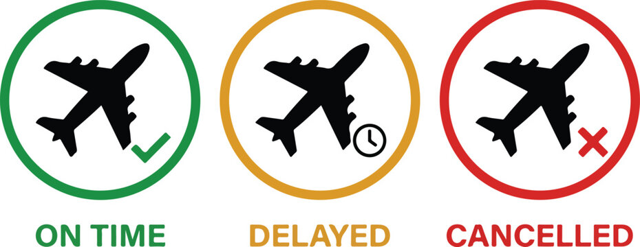 Airplane status icons for travel on time delayed and cancelled with airplane cancelled transport