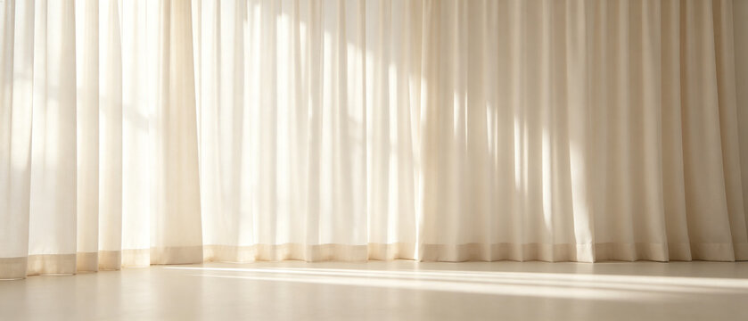 Sunlit Serenity: Sheer curtains diffuse the morning sun, casting soft, dappled light across a minimalist room, creating an atmosphere of calm and gentle warmth.