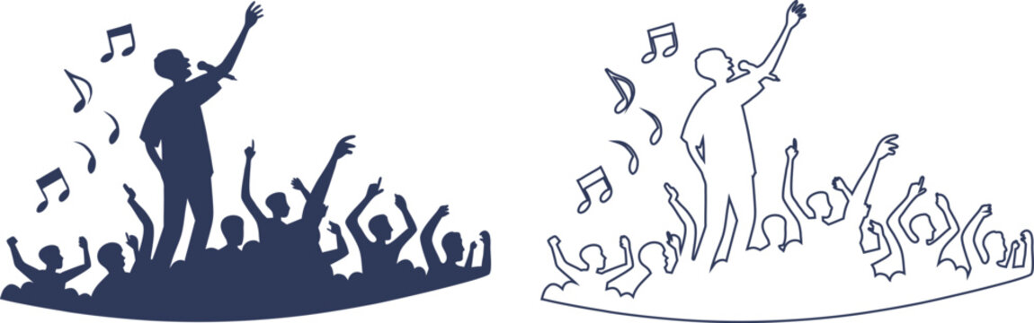 Live music concert singer silhouette and outline sketch with cheering crowd and flying musical notes