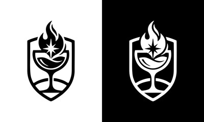 Obraz premium Minimalist shield and flaming goblet logo design set, modern emblem featuring fire and star elements for cocktail bar or restaurant branding