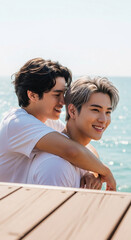 Obraz premium Two young men embracing on a wooden pier with the ocean in the background, symbolizing affection, joy, and summer leisure