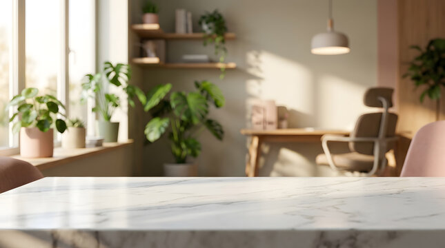 Empty white marble tabletop in blurred modern home office interior background for product display