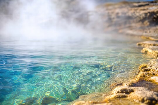 Geothermal hot spring pool with crystal clear turquoise water and rising steam in serene volcanic landscape, close-up view of mineral crust edge