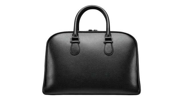 Sleek, black leather handbag with top handles on a dark backdrop
