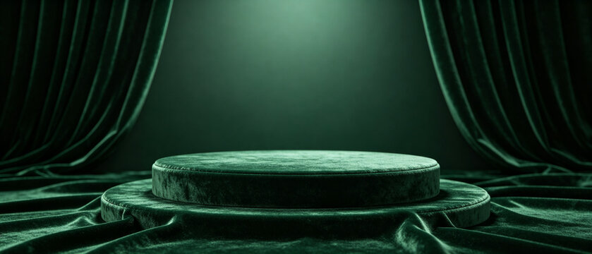 Velvet Stage of Expectation: A luxurious, emerald green velvet podium stands center stage, draped with matching curtains.