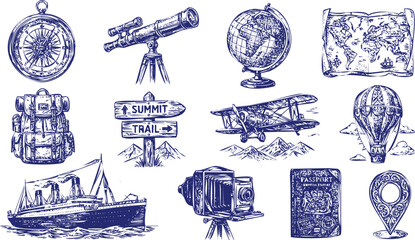 Travel adventure elements in antique engraving style with a vintage compass telescope globe map biplane and hot air balloon for exploration concepts © Mahi Fattah