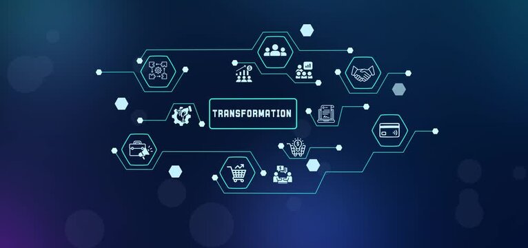 Digital transformation and corporate business modernization concept. Technical isometric network diagram with structural shift icons on blue background.