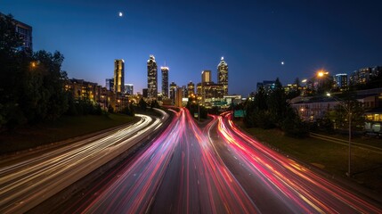 Fototapeta premium Cityscape at dusk with light trails from cars on highway