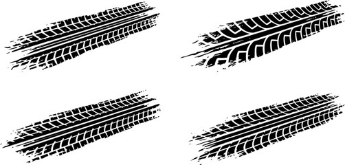 Black tire track vector graphic illustration set showing various textured rubber tread patterns for automotive designs © RizqArt