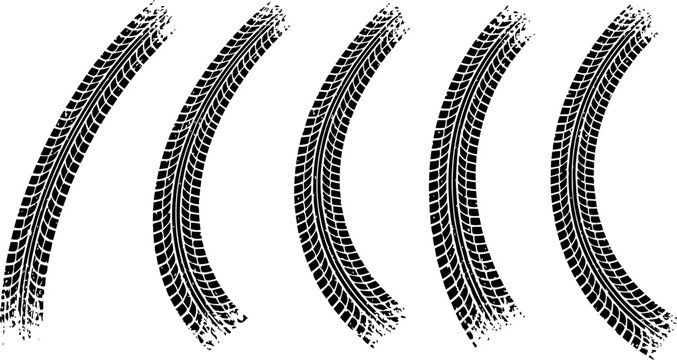 Five curved black tire track marks displayed as a high quality vector graphic design element collection