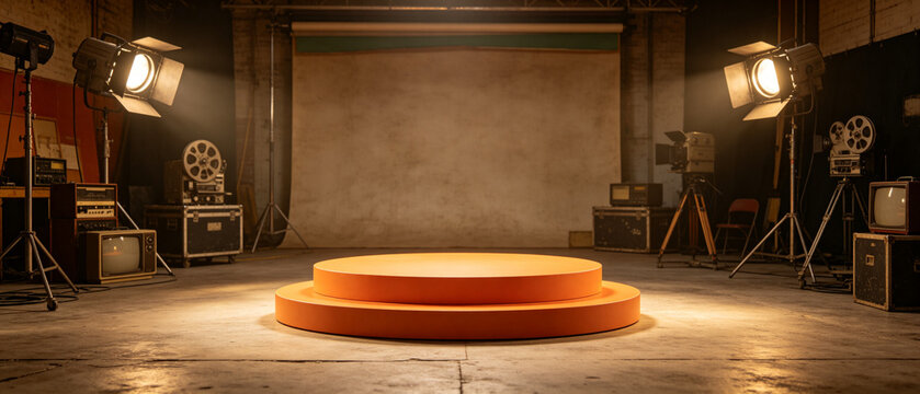 Stage Spotlight Ready: An empty circular stage, illuminated by vintage film lights and spotlights, stands prepared for performance within a retro studio setting.