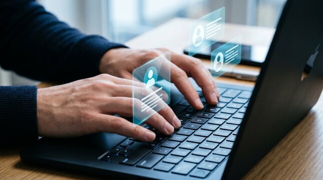 Hands typing on laptop with digital user profile icons, online networking, CRM, HR recruitment technology concept