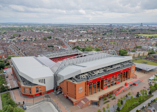 Anfield Stadium in Liverpool, Merseyside, England. Iconic football venue and sporting landmark viewed from above, home of a world famous club and a major destination for fans and tourism.