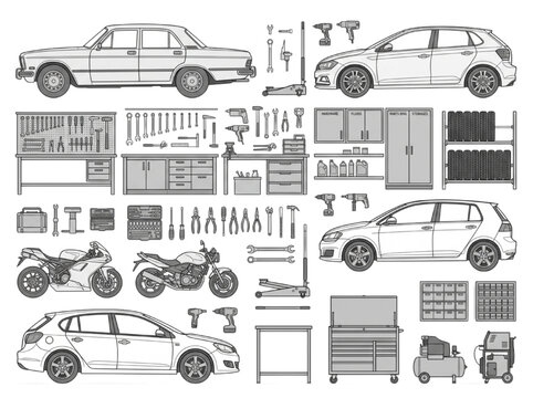 CAD blocks of auto repair shop equipment with cars motorcycles and tools