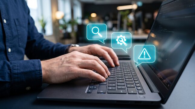 Developer typing on laptop with glowing search, settings and alert icons for software testing and cybersecurity QA