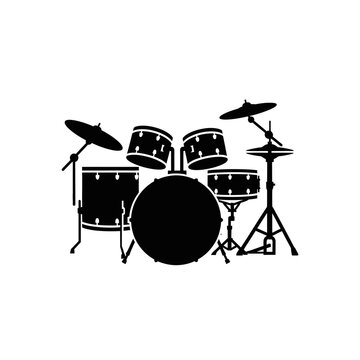 Black silhouette of a complete drum set with cymbals.