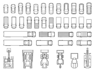 CAD Vehicle Outlines Top-view vector collection featuring cars, trucks, and construction equipment for technical drawings and site plans © Tom