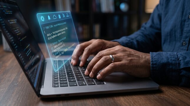Software developer coding on laptop with holographic interface, cybersecurity data analytics and programming concept
