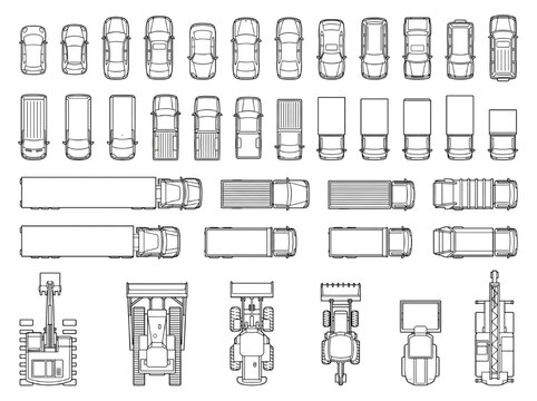 CAD Vehicle Outlines Top-view vector collection featuring cars, trucks, and construction equipment for technical drawings and site plans