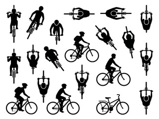 Obraz premium CAD-inspired vector silhouettes of diverse cyclists and bicycles. Dynamic graphic assets for sports design, fitness applications, and technical illustrations