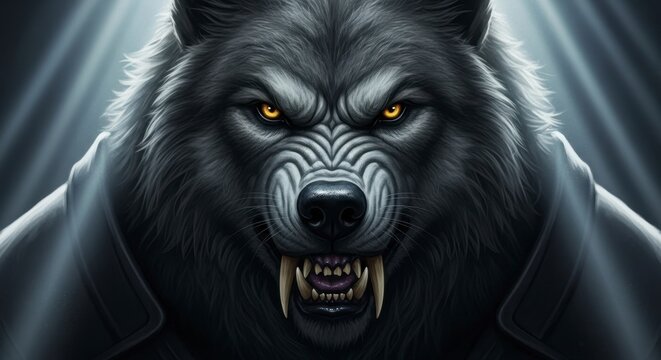 Close up portrait of a menacing werewolf with glowing yellow eyes and sharp fangs in dark lighting